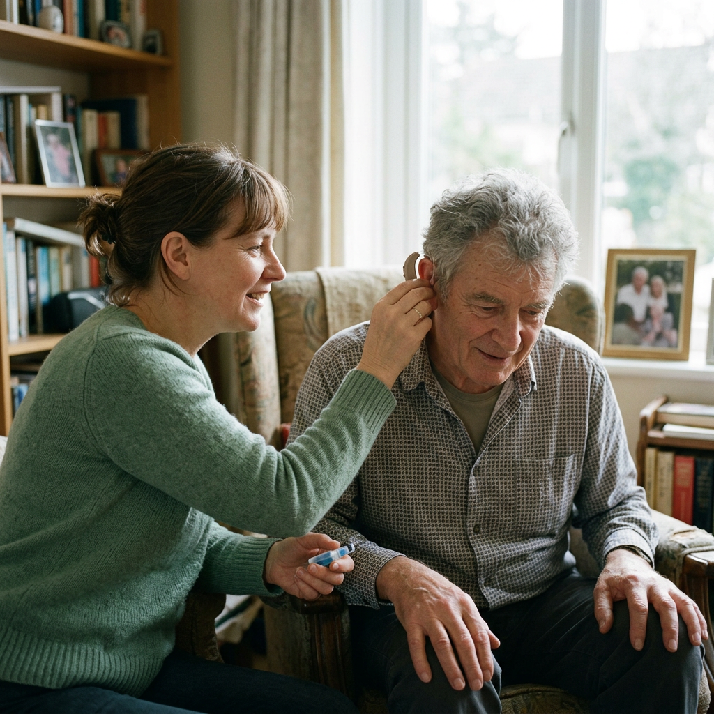 Woman assisting elderly man with hearing aid fitting